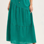 Solid color cotton and linen elastic waist pleated skirt