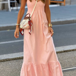 V-neck Waist Loose Hem Ruffled Long Dress