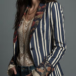 Bohemian Floral Print Cotton And Linen Striped Blazer