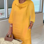 Stitching Round Neck Casual Style Solid Color Long Sleeve Dress
