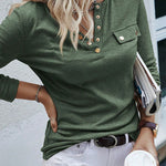 Ribbed Snap Button Henley Long Sleeve Top