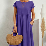Round Neck Short Sleeve High Waist Dresses Solid Color Casual Holiday Beach Party Sundress