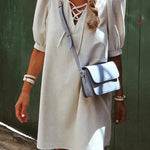 Beige Lace Up V Neck Bubble Sleeve Short Shift Dress
