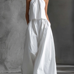 Women's Casual White Cotton And Linen Halter-neck Sleeveless Top And Skirt Set