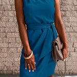 Margovil One Shoulder Sleeveless Tie Waist Ruched Dress