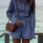 Margovil Striped Long Sleeves Curve Hem Shirt and High Rise Shorts Set