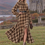 Retro Chic And Elegant Brown Turtleneck Plaid Velvet Print Maxi Dress