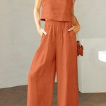 Margovil Square Collar Cami Crop Top Wide Leg Pants Cotton Linen Set