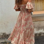 Off Shoulder Smocked Ruffle Tiered Printed Midi Dress