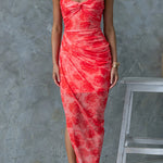 Margovil Twist Front Side Slit Mesh Overlay Printed Maxi Cami Dress
