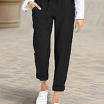 Solid High Waist Drawstring Pocket Loose Casual Trousers Pants