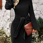 Nadorine Women's Casual Long Lantern Sleeve Bodycon Dress Tie Waist Rib Knitted Sweater Dresses