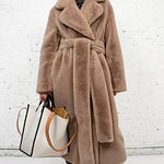 Women Warm Thick Coat With Belt Fax Fur  Long Coat