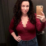 V-neck Lace Trim Long-sleeved Bodysuits