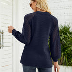 Nadorine V Neck Tops Solid Color Blouse Long Sleeve Pullover Lace Patchwork Shirt