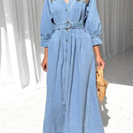 Waist casual button-down denim maxi dress