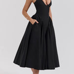 Solid Halter Deep V Neck A-Line Midi Dresses