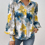 Long Sleeves Loose Buttoned Elasticity Flower Print Pleated Lapel Blouses&Shirts Tops