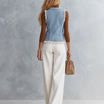 Light Blue Frayed Gold Button Front Denim Vest