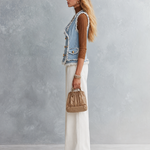 Light Blue Frayed Gold Button Front Denim Vest