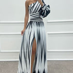One-Shoulder Rose Detail Patterned Design Dress