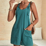 Knot Front Pocket Patched Overall Shorts Romper Without Tube Top Jumpsuits