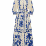 Loose Puff Sleeves Floral Printed Pleated Split-Joint Tied Waist Lapel Maxi Dresses Shirt Dress