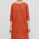 Half Sleeve Solid Color Round Neck Pocket Casual Dress