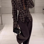Vintage Plaid Shoulder Pad Buttons Long Sleeve Angled Hem Shirt