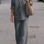 Two Piece Set Lapel Long-Sleeved Shirt Casual Solid Color Wide-Leg Pants Suit