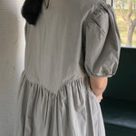 Original Loose Solid Color Pleated Puff Sleeves Midi Dress