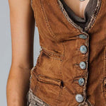 Washed Caramel Denim With Brass Button Stitching Vest