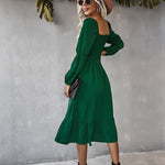 Solid Square Neck Bishop Sleeve Flounce Hem Dress
