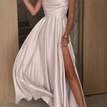 Solid Color Suspender Back Pleated Elegant Slit Full Hem Maxi Dress