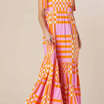 Pink Tie Strap Plaid & Striped Smocked Maxi Dress