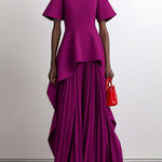 A-Line High Waisted Pleated Solid Color Split-Joint Round-Neck Maxi Dresses