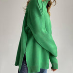 Turtleneck Loose Hem Slit Long Sleeve Knitted Pullover Sweater Tops