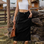 Nadorine Women's Casual High Waist Denim Midi Skirt Drawstring Adjustable Long Jeans Skirt with Pockets