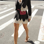 Margovil Single Button Striped Lace Trim Crop Blazer
