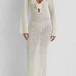 Margovil V Neck Long Sleeves Backless Crochet Hollow Out Knit Maxi Dress