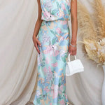 Margovil Irregular Tie Neck Waisted Floral Printed Maxi Satin Dress