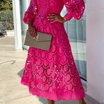 Margovil Mockneck Puff Sleeves Lace Hollow Out Mid Dress