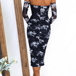 Off Shoulder Long Sleeves Printed Bodycon Midi Dress