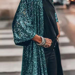 Margovil 3/4 Sleeves Open Front Sequin Shinny Midi Cardigan