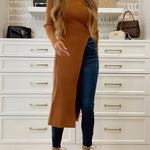 Margo Maillard Turtleneck High Slit Ribbed Knit Dress