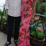 Ruffled Cap Sleeves Rose Print Maxi Cheongsam Dress