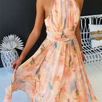 Halter Bow Neck Backless Beck Print Swing Maxi Dress
