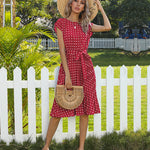 Polka Dot Midi Modest Summer Dress for Women High Waist Short Sleeve with Belt