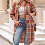 Nadorine Plaid Longline Button-Up Shacket Lapel Neck Long Sleeve Shirt Pocket