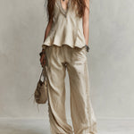 Bohemian Style Ruffled Vest & Straight-leg Pants Set With Lace Trim
